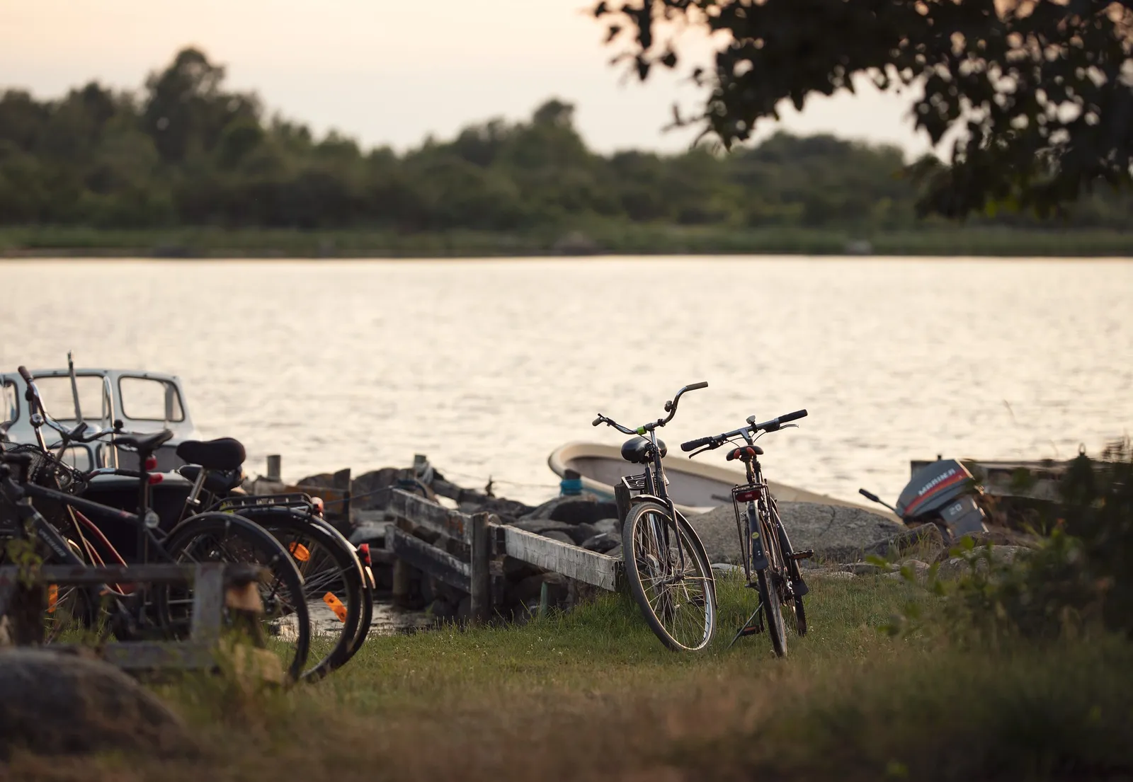 Bicycles on the bank of the Kiel Canal in the evening sun