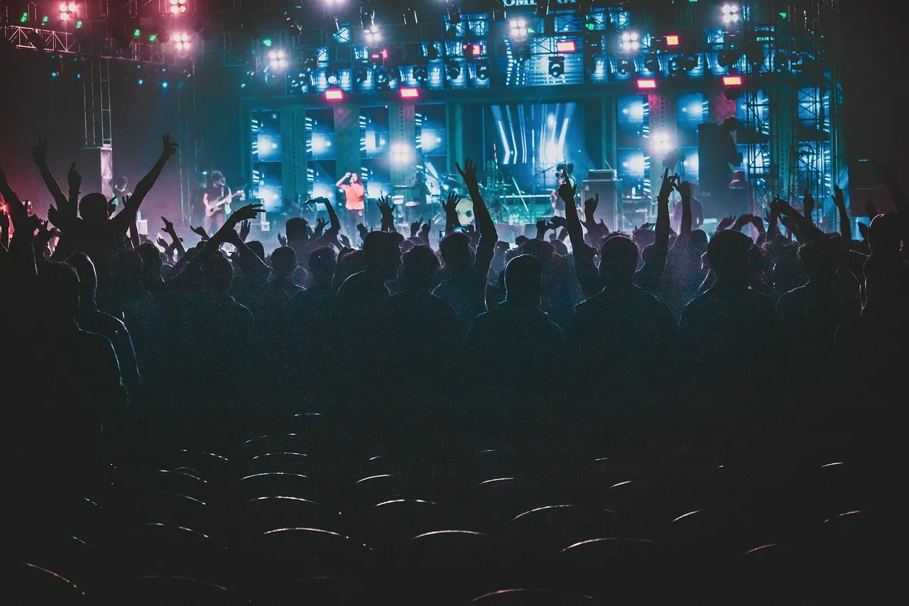 Festival atmosphere at night, crowd with raised hands in front of the stage