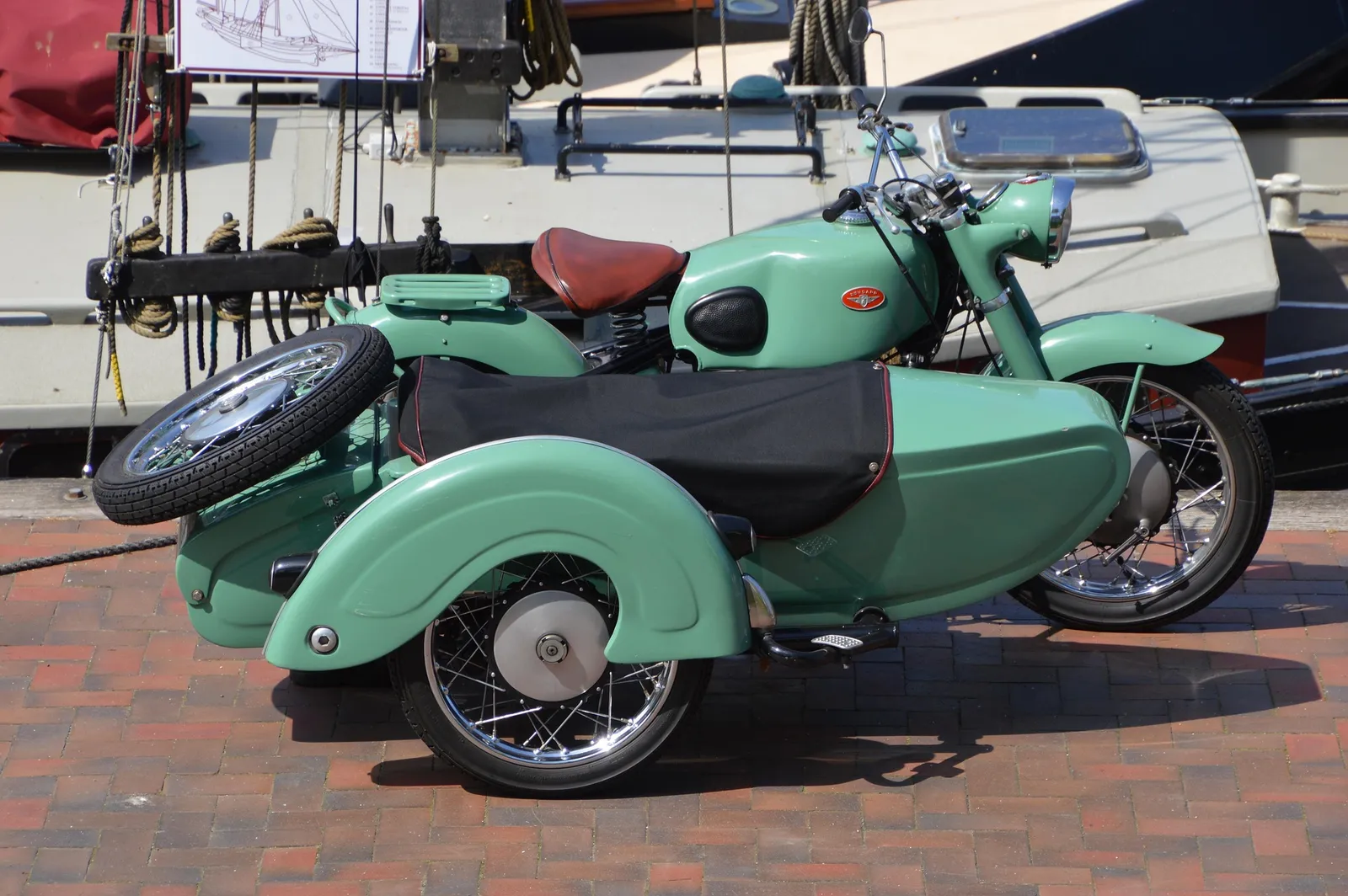 Motorcycle with sidecar at the harbour